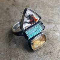 Custom Ring with Dendritic Quartz, Raw Tourmaline Crystal, Golden Rutilated Quartz, and Diamond